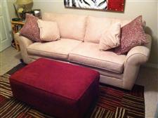 Cream Sleeper Sofa (Queen) & Red Ottoman